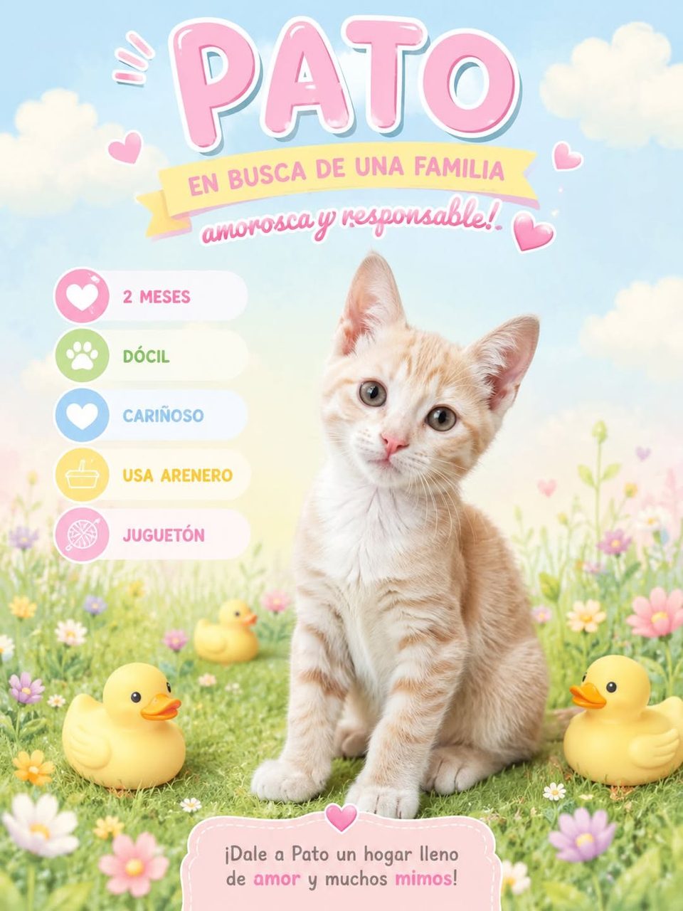 Afiche pastel con gato joven color crema contra fondo de cielo, flores y patos amarillos, con información sobre cuidados básicos.