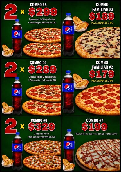 Pizzería con combos familiares y pizzas de ingredientes