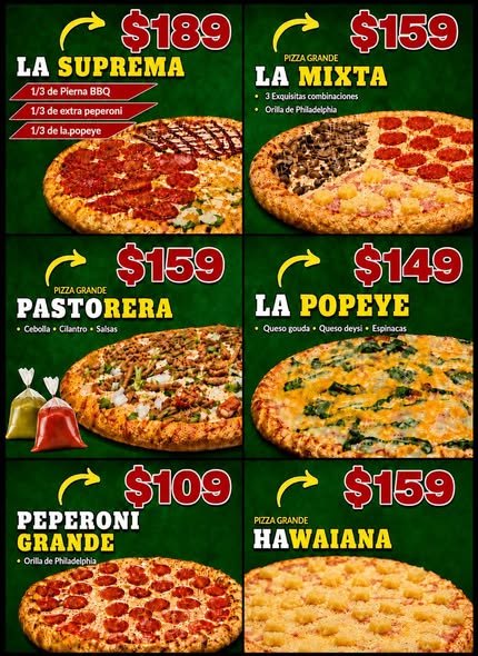 Pizzería con combos familiares y pizzas de ingredientes