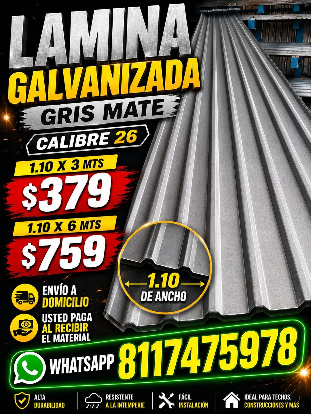 Lámina Galvanizada Gris Mate Calibre 26