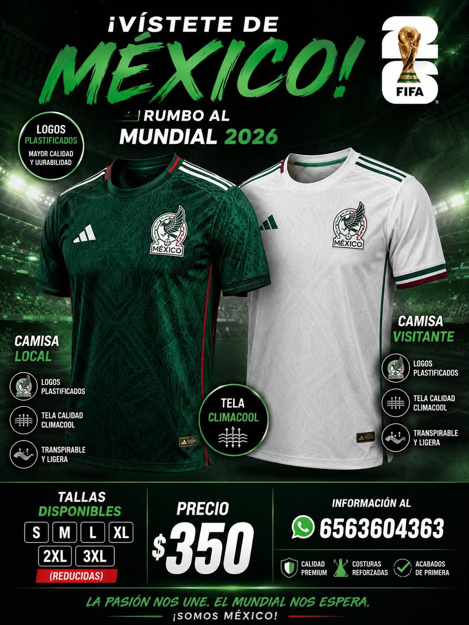 Playeras Selección Mexicana Tallas S a 3XL