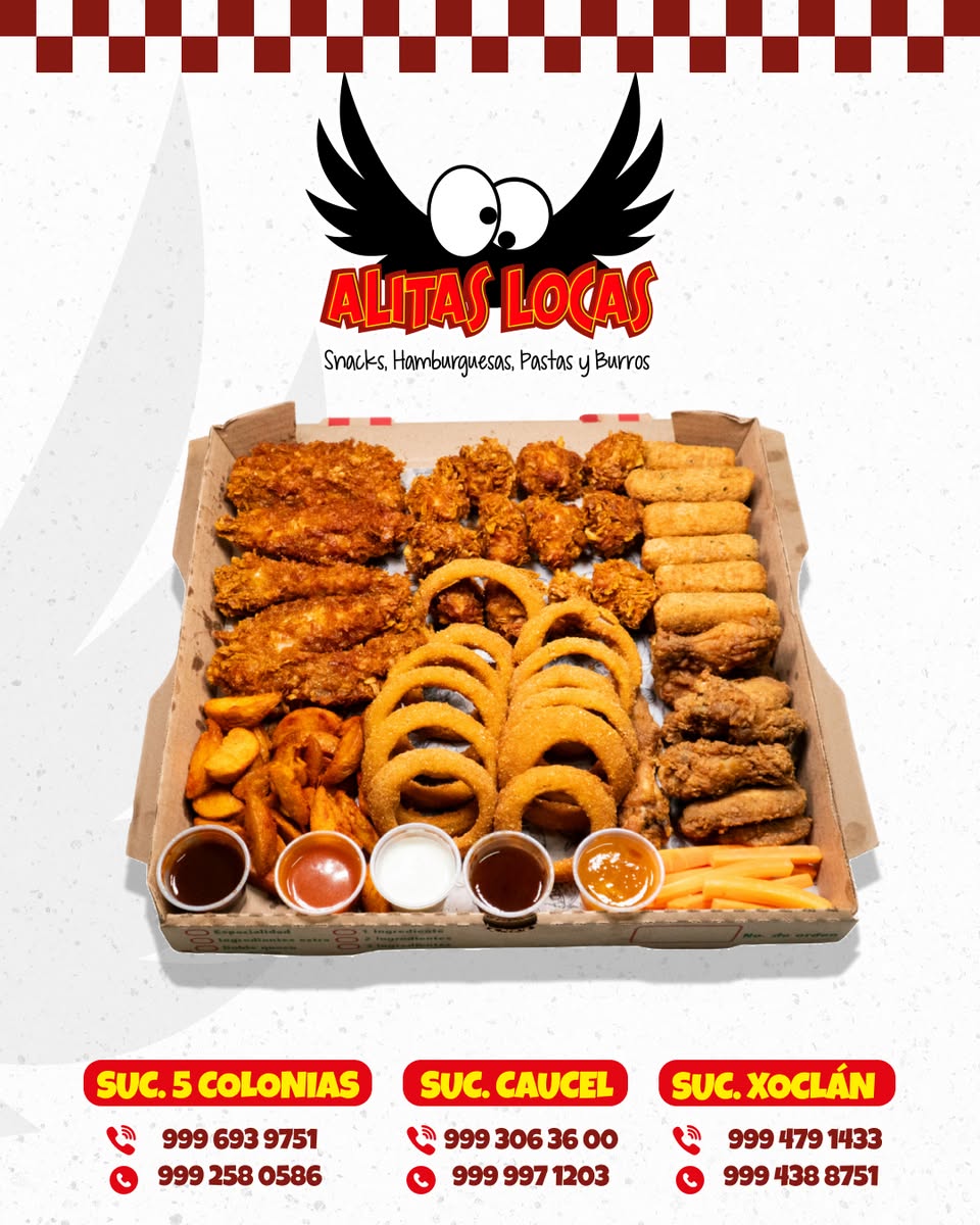 Alitas Locas: Snacks, Hamburguesas, Pastas y Burros con menú actualizado
