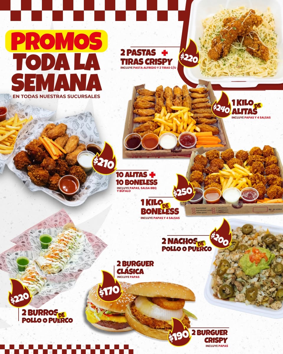 Alitas Locas: Snacks, Hamburguesas, Pastas y Burros con menú actualizado