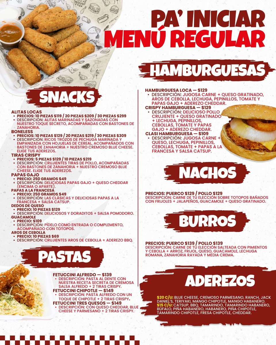 Alitas Locas: Snacks, Hamburguesas, Pastas y Burros con menú actualizado