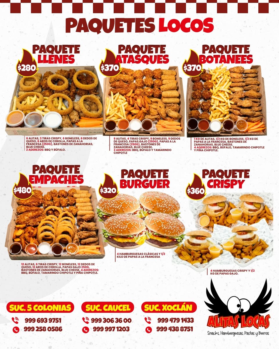 Alitas Locas: Snacks, Hamburguesas, Pastas y Burros con menú actualizado
