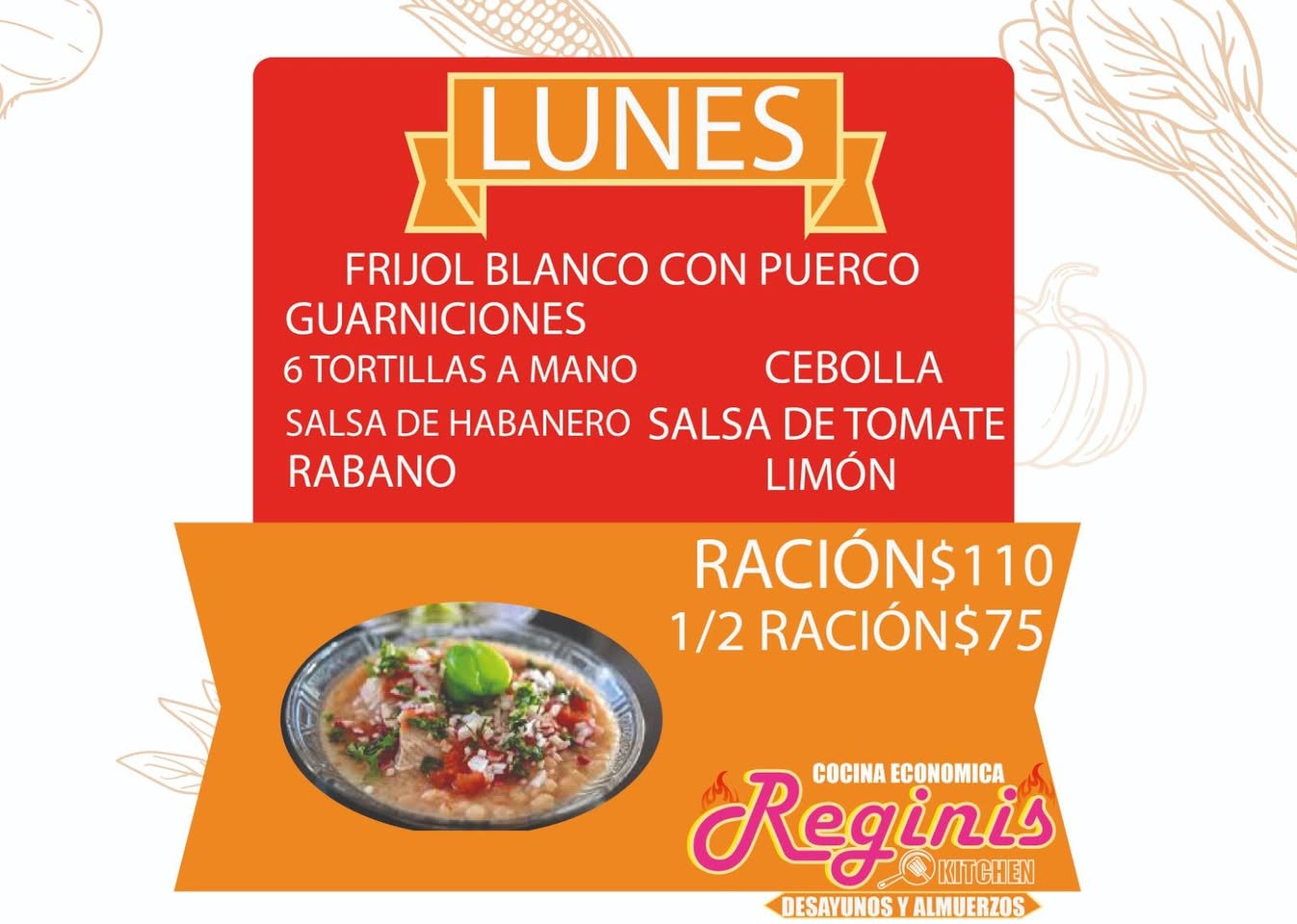 Almuerzos y Desayunos Lunes: Menú de Cocina Económica con opciones de envío a domicilio