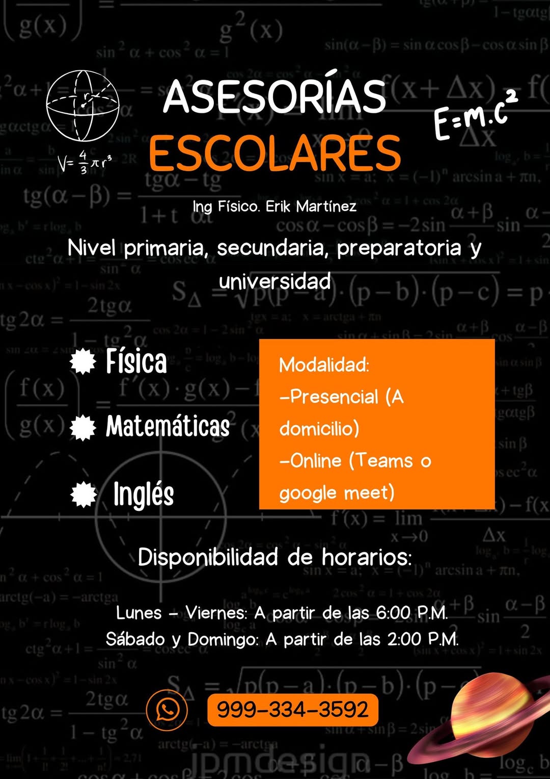 Asesorías personalizadas de Matemáticas, Física e Inglés con Ing. Erik Martínez