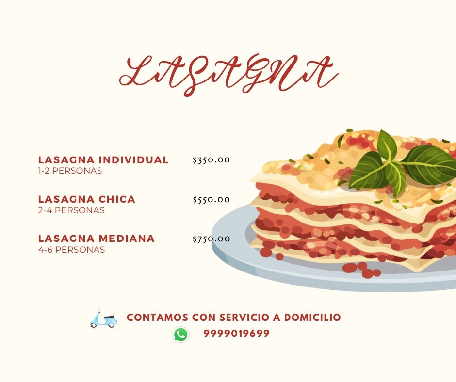 Menú de lasagnas artesanales con tres tamaños y servicio a domicilio disponible.