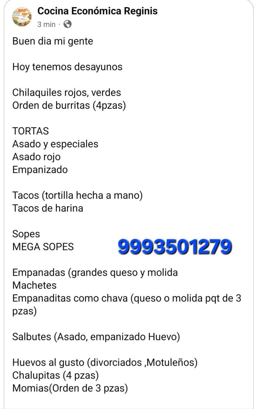 Cocina Económica: Desayunos, Almuerzos y Antojitos Caseros en Yucatán