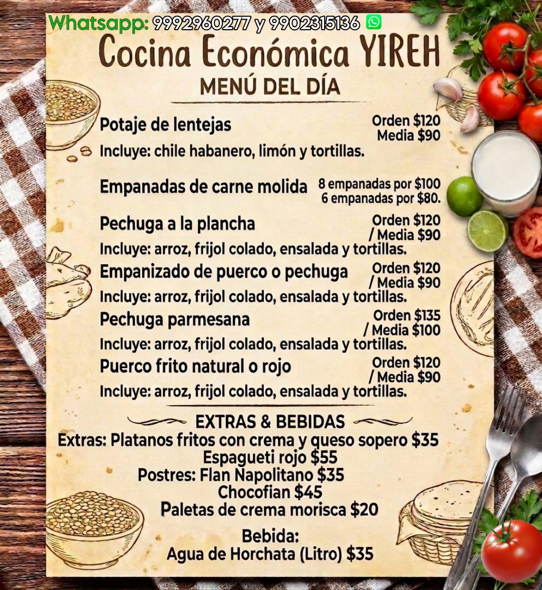Cocina Económica YIREH: Menú del Día con opciones deliciosas para el almuerzo