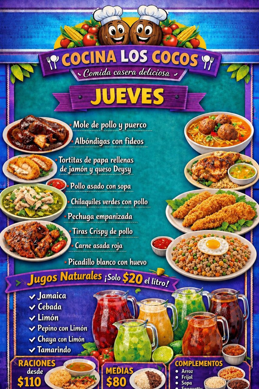 Promocion de comidas de los jueves en el restaurante Cocina Los Cocos, con lista de platillos incluidos y precios.