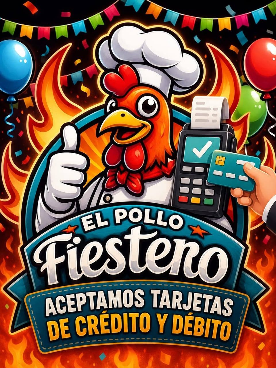 Logo de El Pollo Fiestero con aceptación de tarjetas de crédito y débito