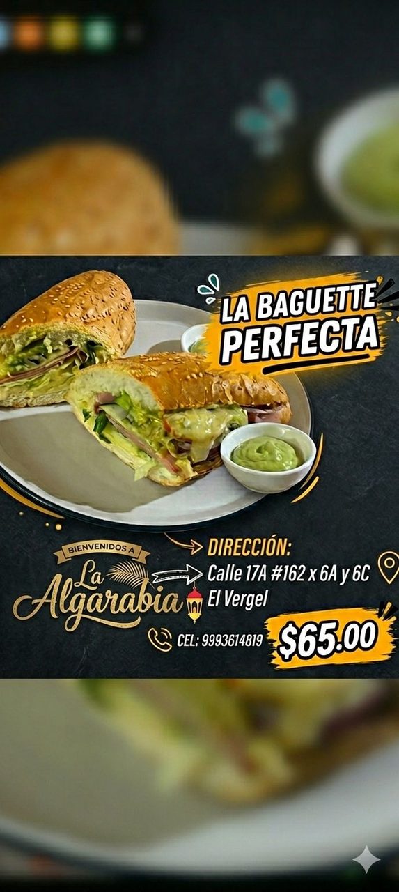 Anuncio baguette restaurant La Algarabia con ubicación teléfono