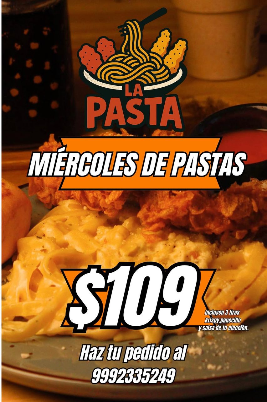 Promoción de restaurante La Pasta con ofertas de miércoles.