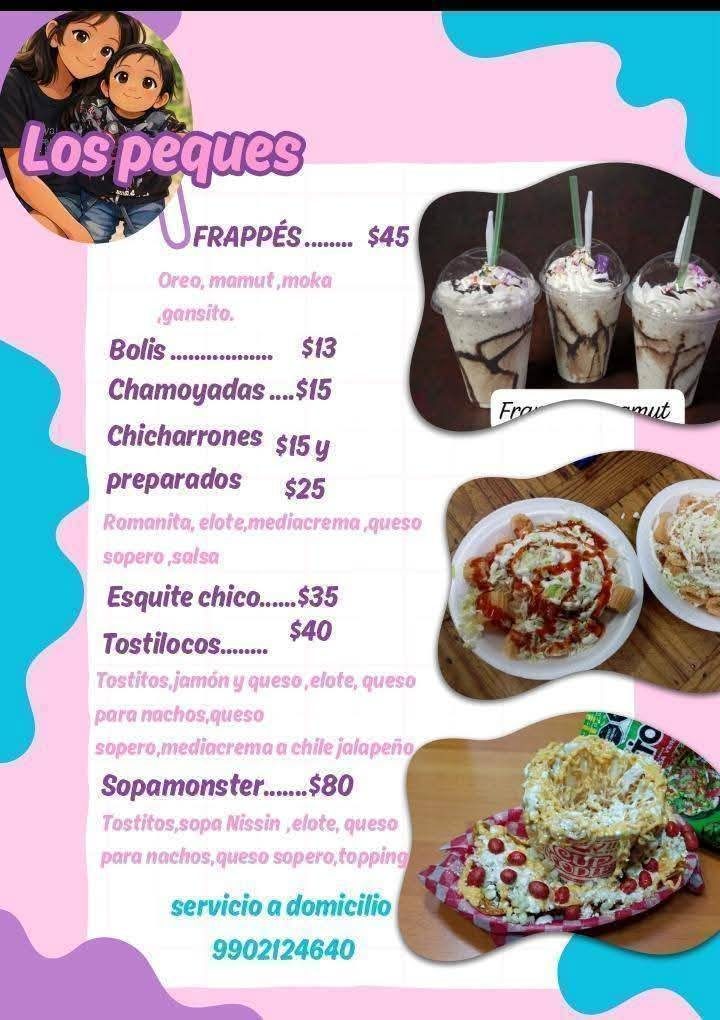 Menú de comida rápida con frappés, botanas y bebidas con precios