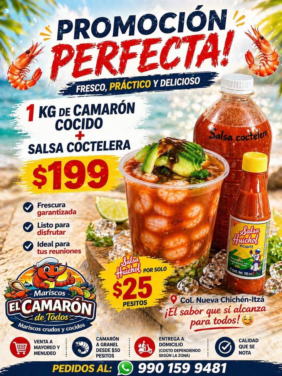 Promoción de mariscos con camarones cocidos y salsa coctelera en Mérida, Yucatán
