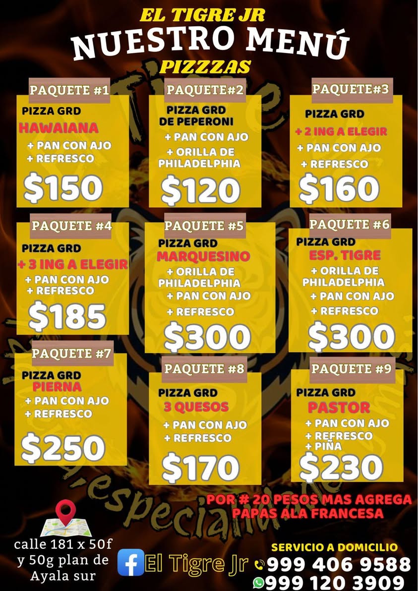 Menú completo y pizzas recién hechas con fresas y jugos naturales