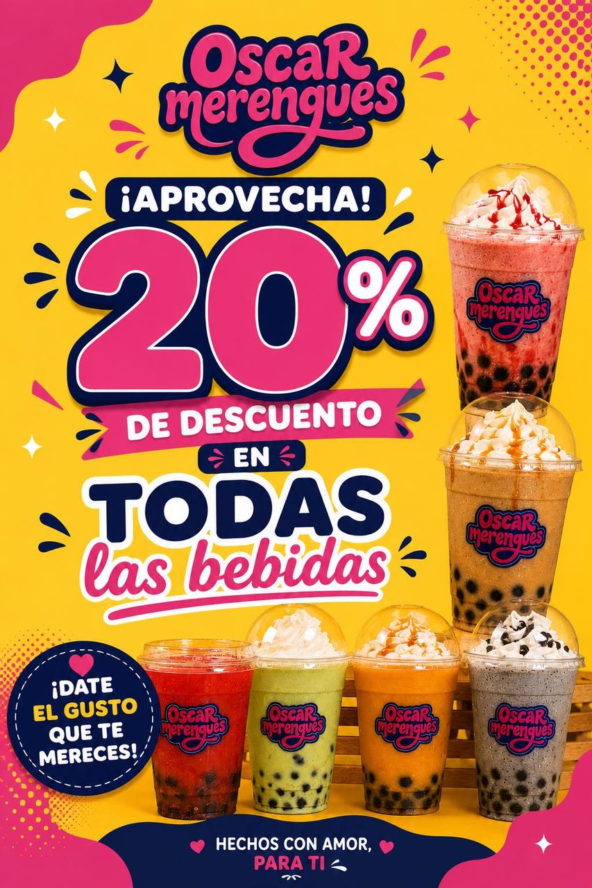 Publicidad de bebidas con 20% de descuento en todas las opciones disponibles