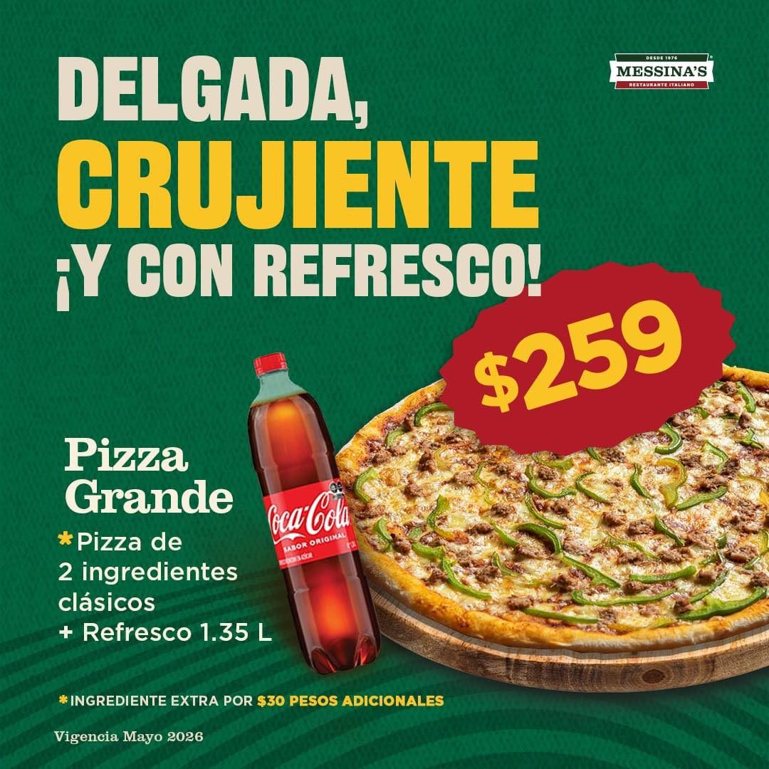 Pizza grande promoción ingredientes refresco Coca Cola.