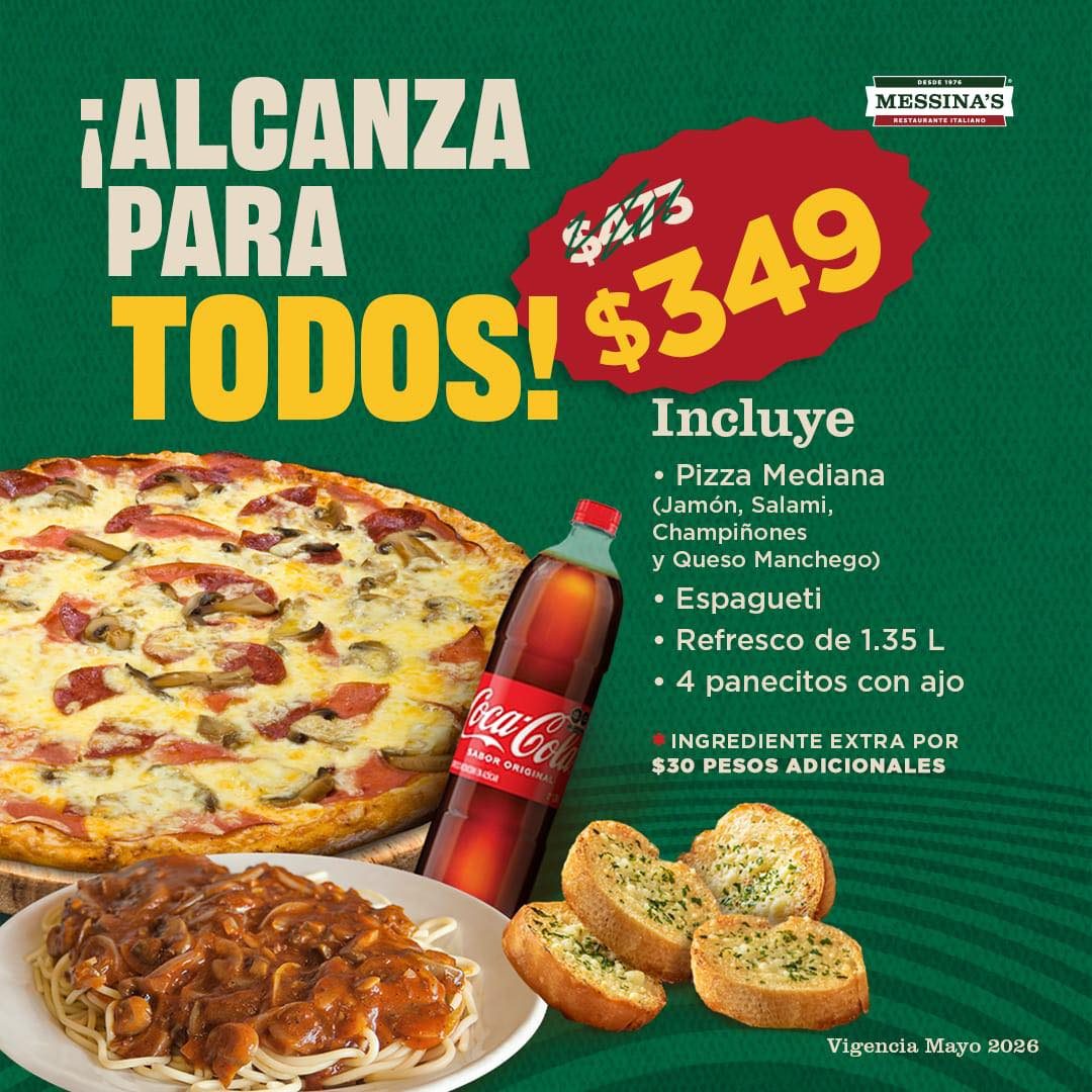 Promoción de pizza con paquete completo que incluye pizza, pasta, bebida y acompañamientos, válido en mayo 2026.
