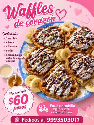 Waffles de corazón con fruta y chocolate, 5 unidades $60 — Roble Agrícola