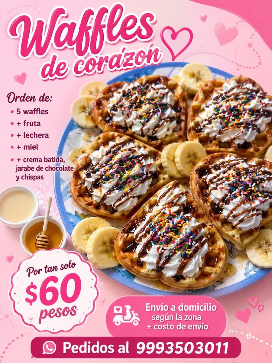 Waffles de corazón con fruta y chocolate, 5 unidades $60