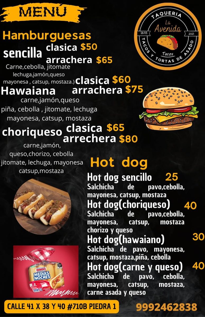 Taquería La Avenida, Hamburguesas y Hot Dogs a Domicilio