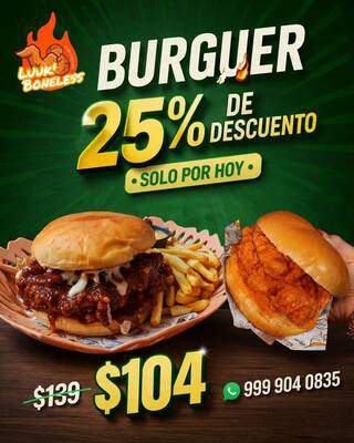 Luuk Boneless: Hamburguesas con 25% de descuento hoy — Pensiones