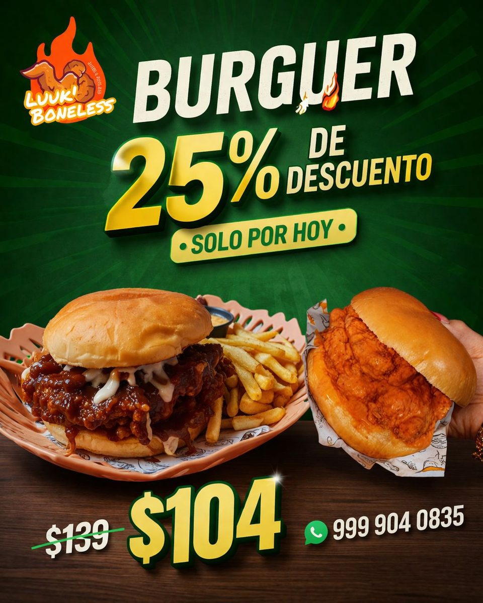Luuk Boneless: Hamburguesas con 25% de descuento hoy