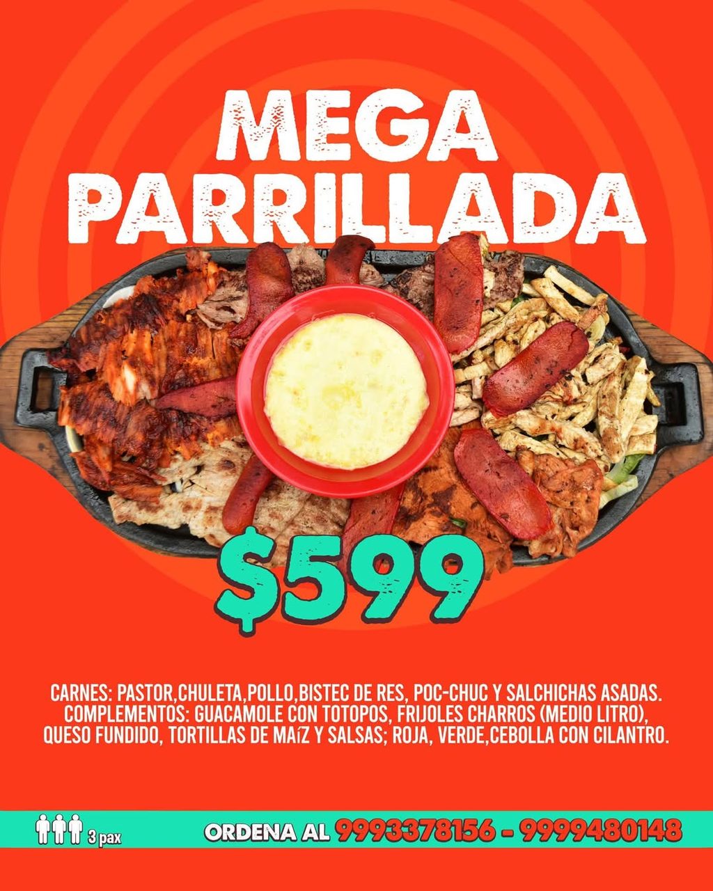 Plato de comida con carnes asadas y acompañamientos, oferta de parrillada en Mérida