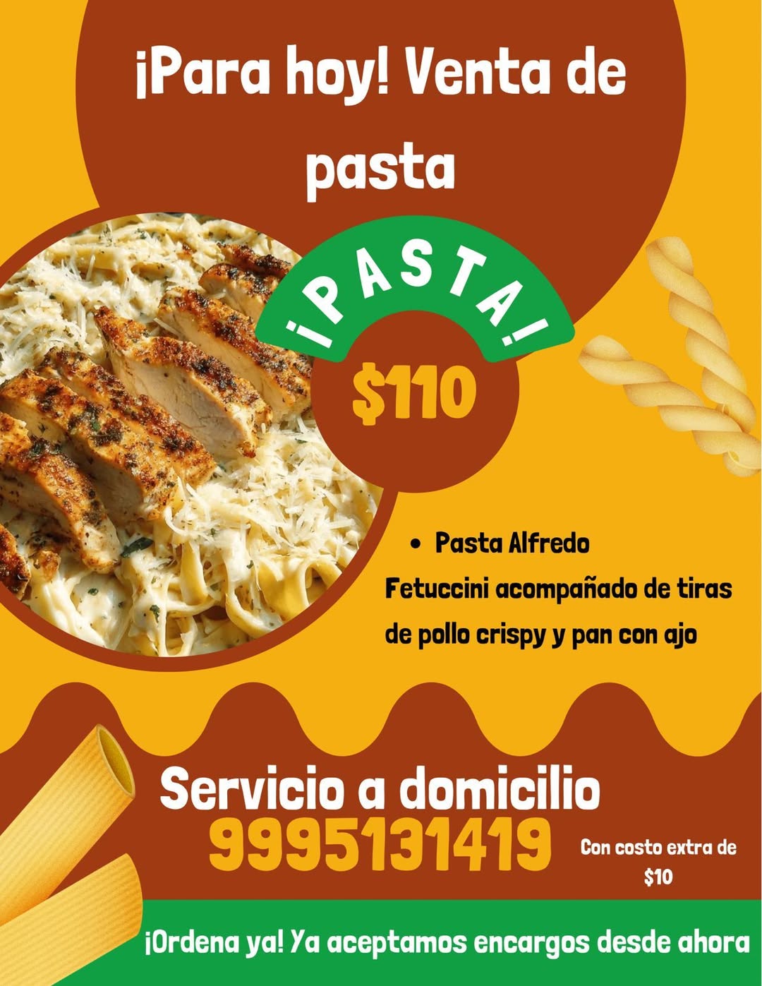 Pasta Alfredo Fetuccini con Pollo Crispy y Pan con Ajo a Domicilio