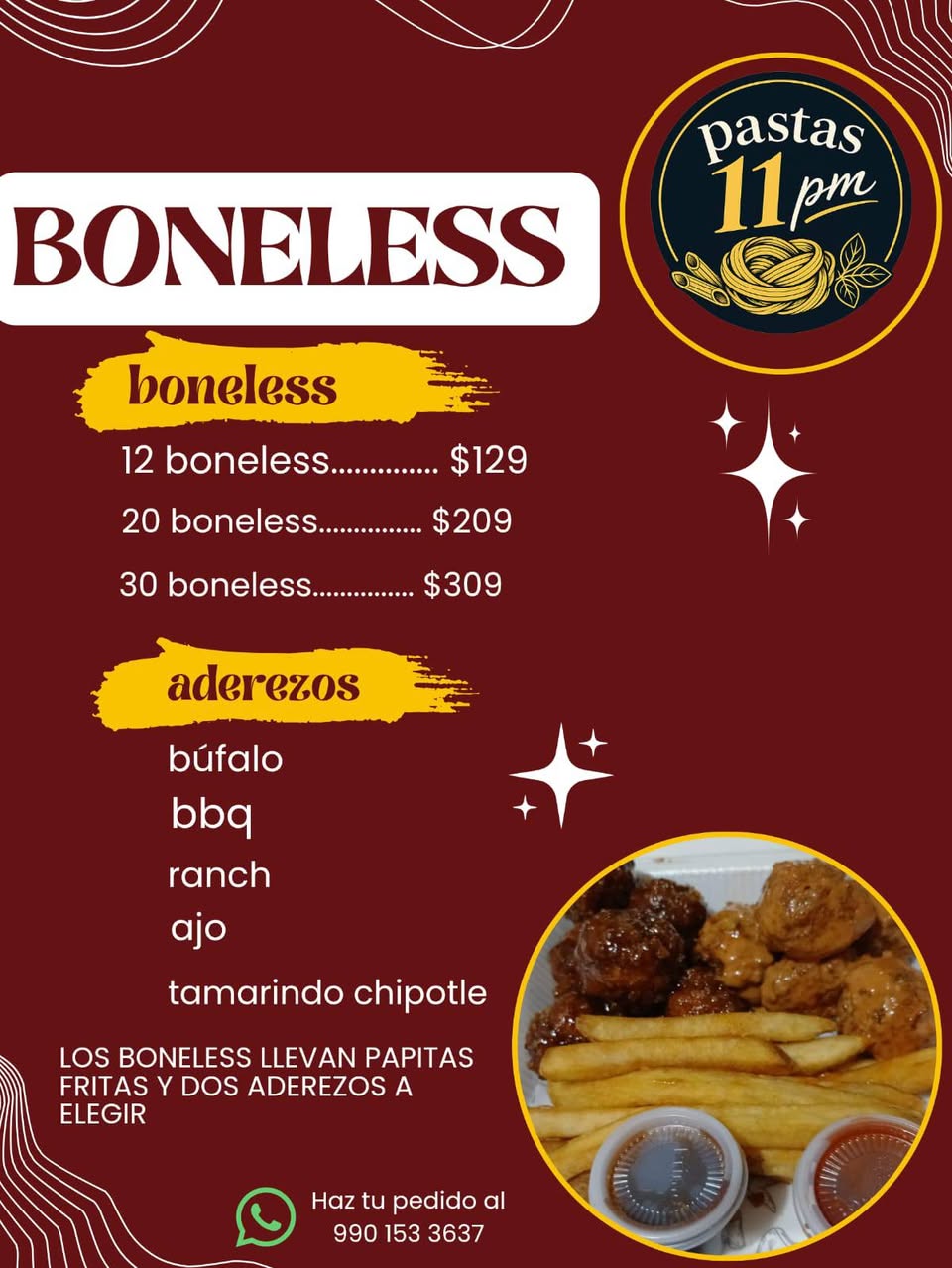 Pastas 11pm: Menú Especial de Boneles y Alitas con Salsas Gourmet