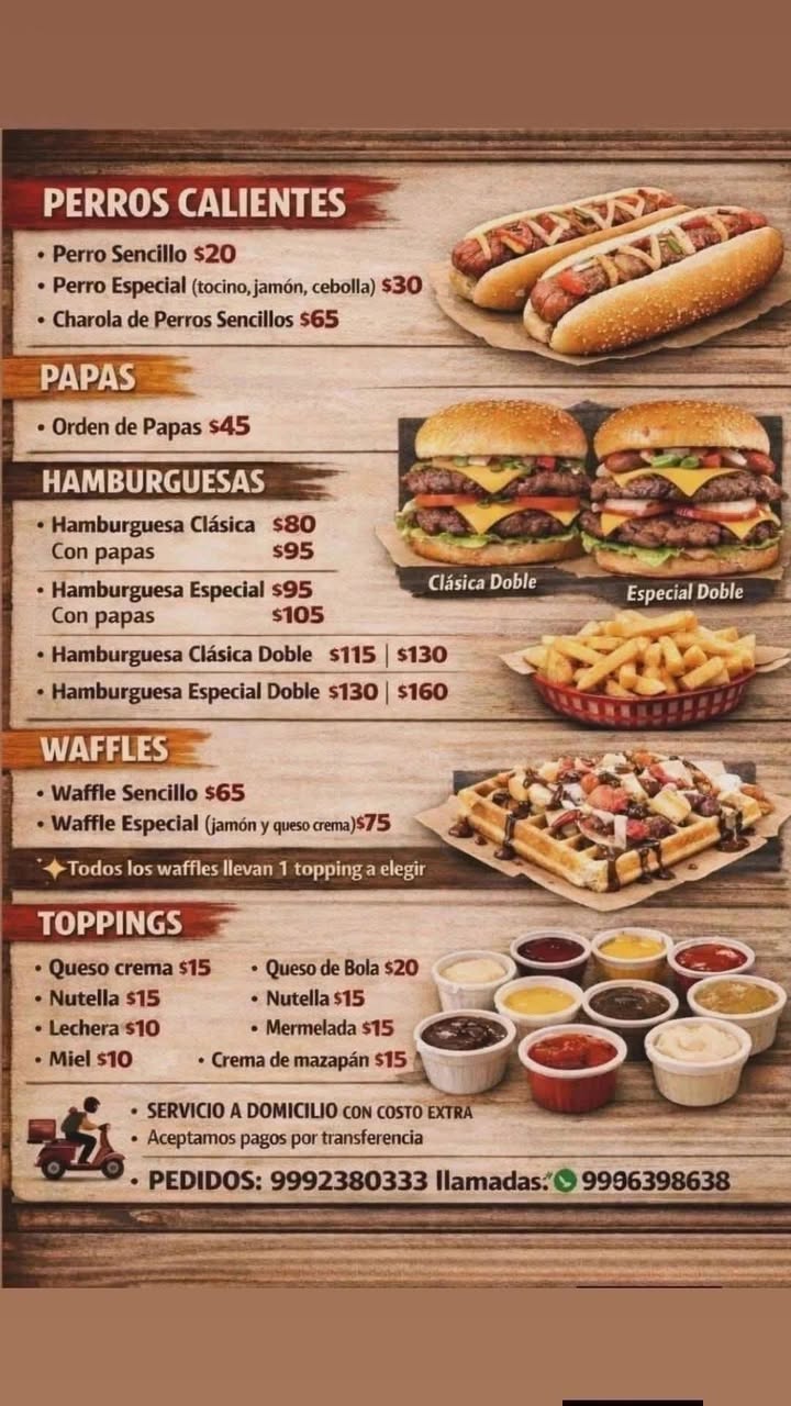 Perros Calientes, Hamburguesas, Papas y Waffles en Yucatán