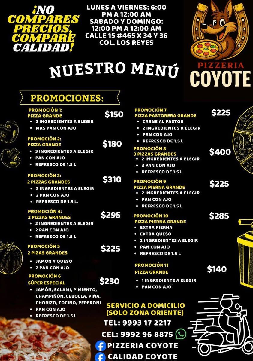 Menú de pizzería con promociones y detalles de contacto