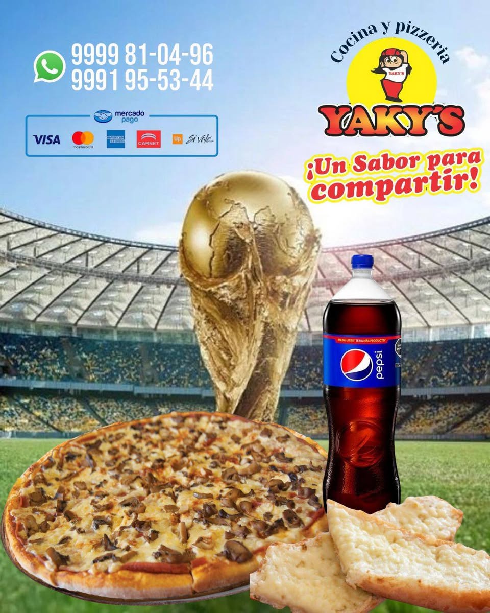 Pizzería Yakys: Promo Mundial 2026 - Pizza de 3 ingredientes con Pan con ajo y Refresco