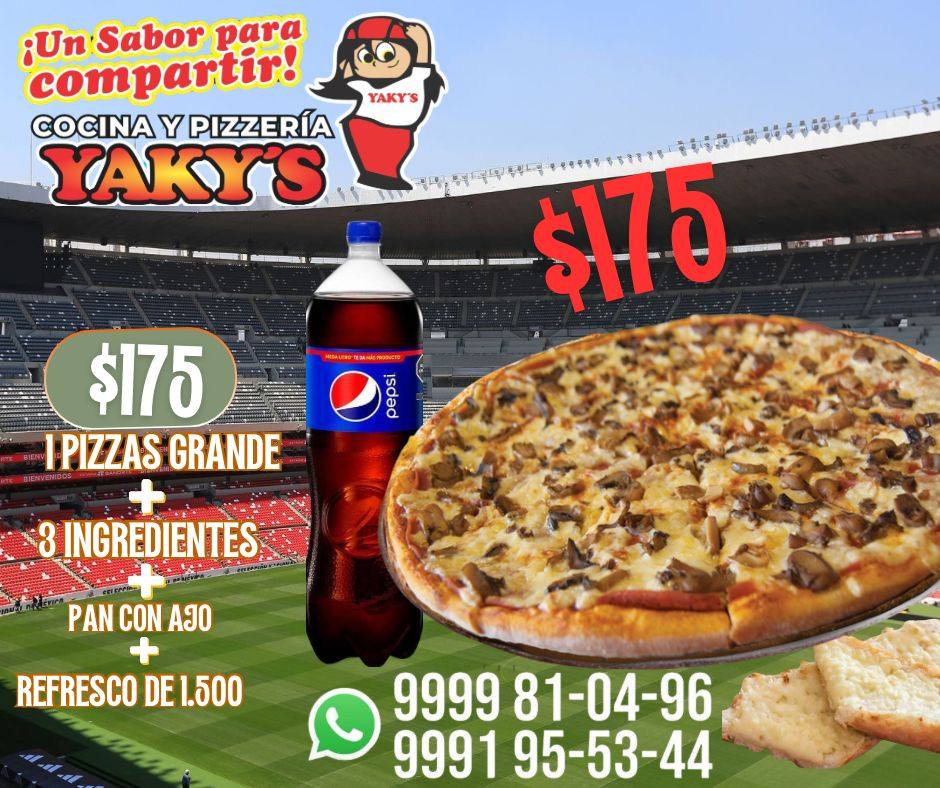 Pizzería Yakys: Promo Mundial 2026 - Pizza de 3 ingredientes con Pan con ajo y Refresco