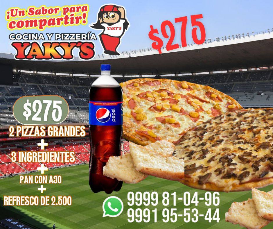 Pizzería Yakys: Promo Mundial 2026 - Pizza de 3 ingredientes con Pan con ajo y Refresco