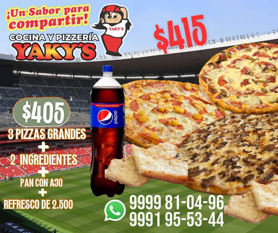 Pizzería Yakys: Promo Mundial 2026 - Pizza de 3 ingredientes con Pan con ajo y Refresco