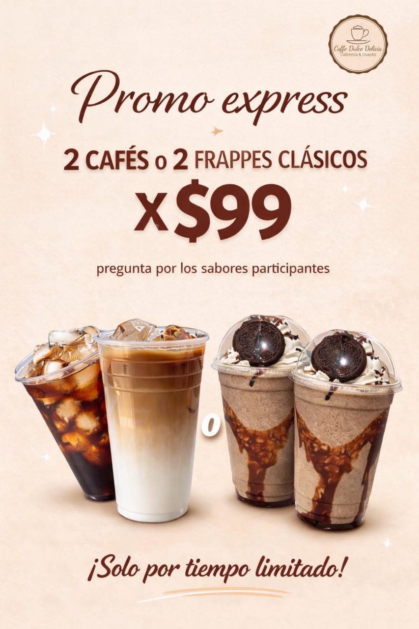 Promoción de café dulce delicia con oferta de bebidas.