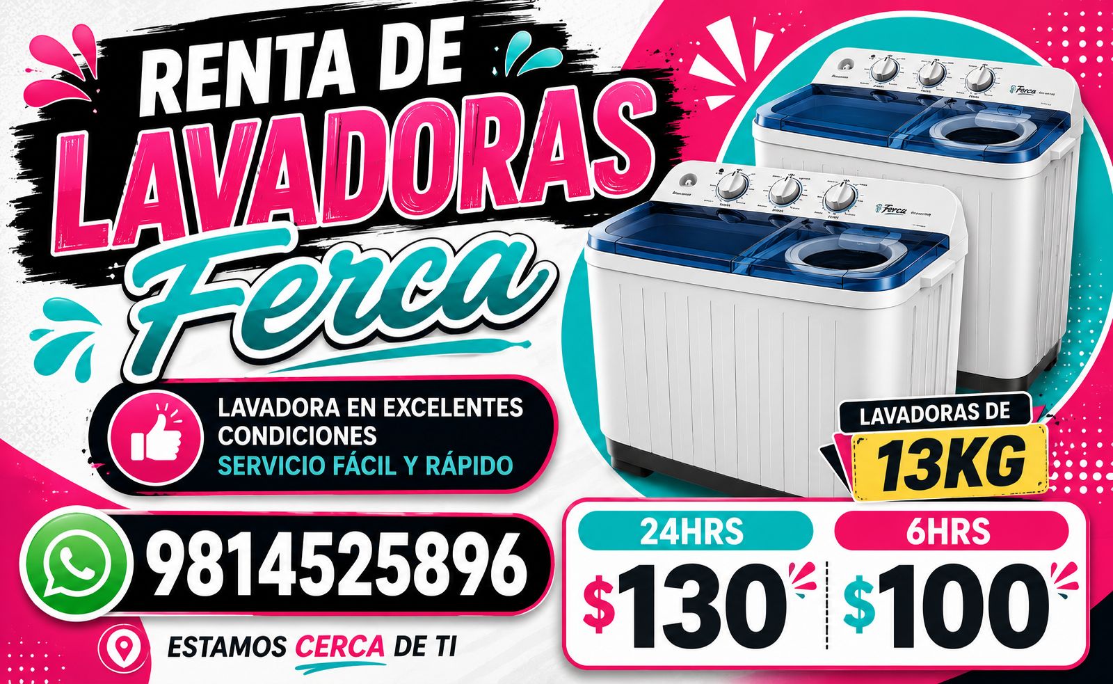 Renta de Lavadoras de 13 KG Doble Tina en Kanasín