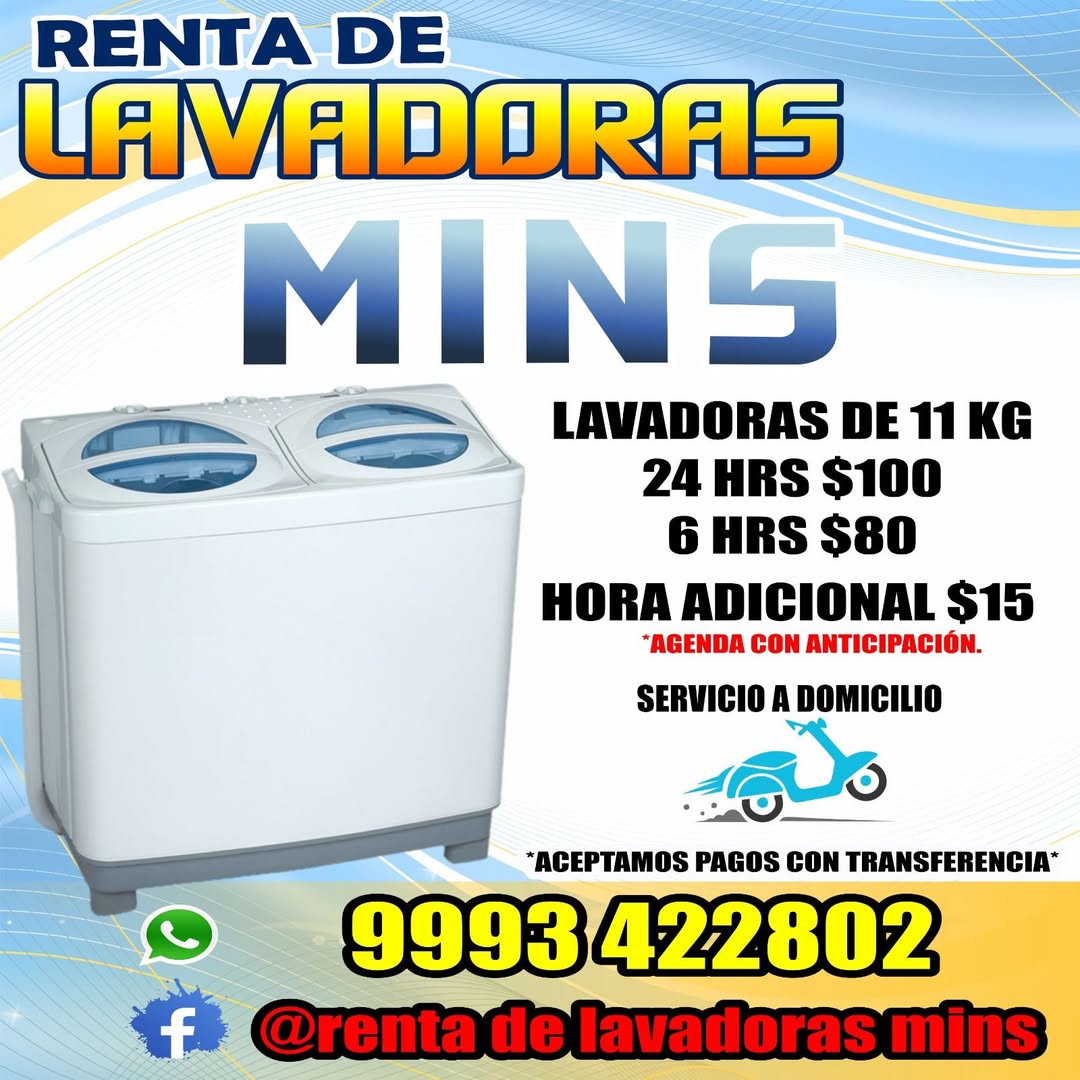 Renta de Lavadoras Mins 11 KG con Servicio a Domicilio en Yucatán
