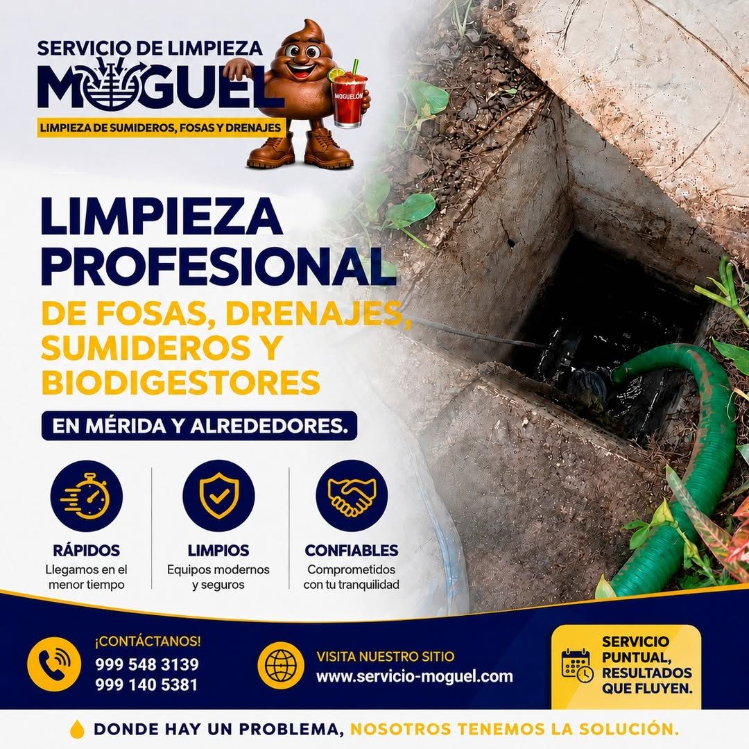 Publicidad de servicio de limpieza de drenajes y fosas Moguel con logo, datos de contacto y fotos de drenaje.