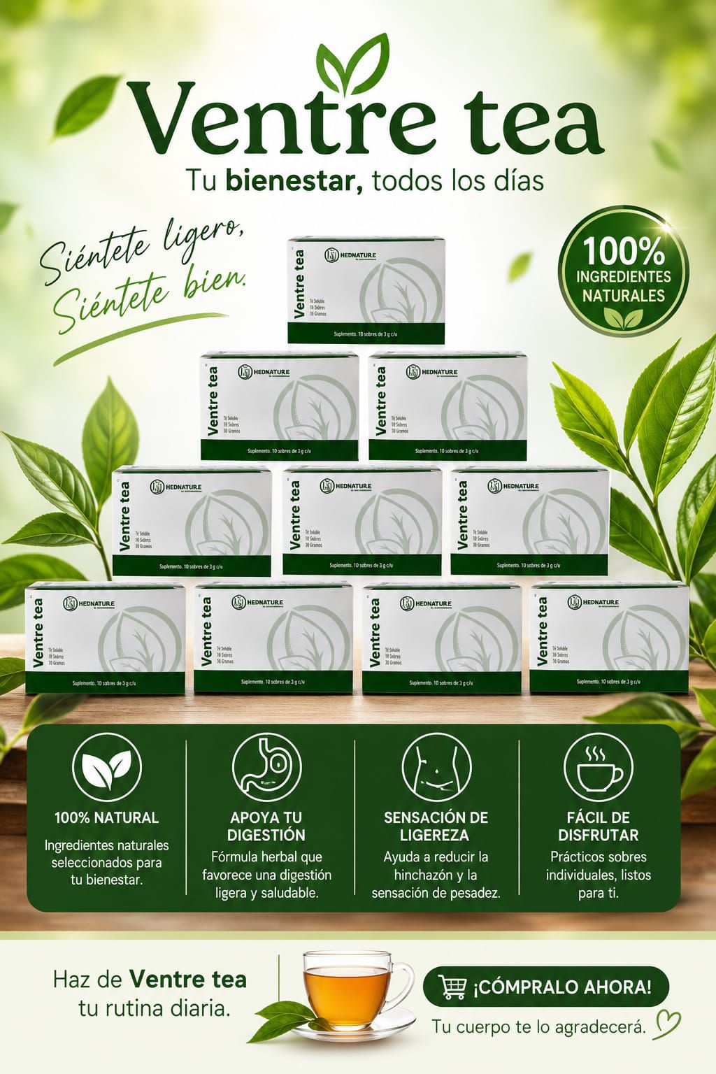 Ventre Tea y Suplementos Naturales HEDNATURE para la Digestión y Bienestar
