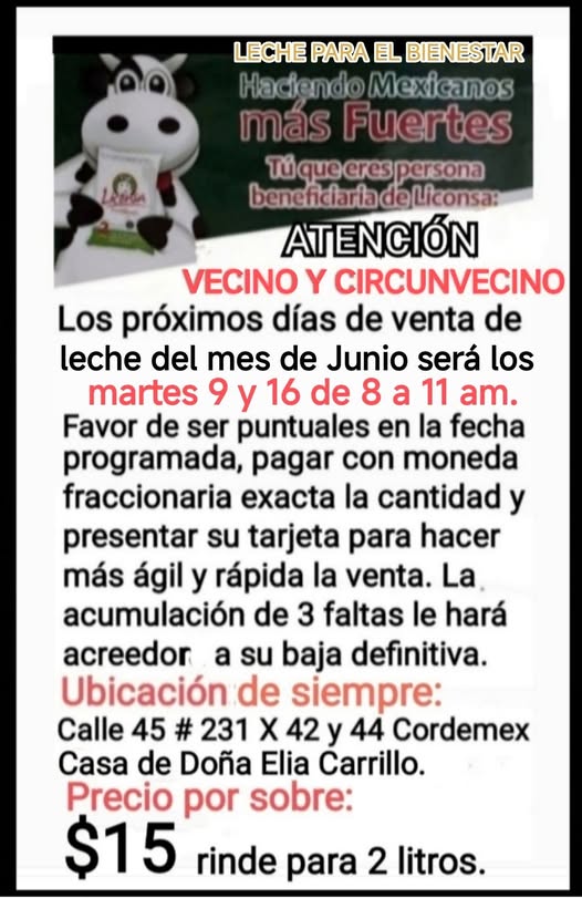 Horarios de venta de leche Liconsa en junio